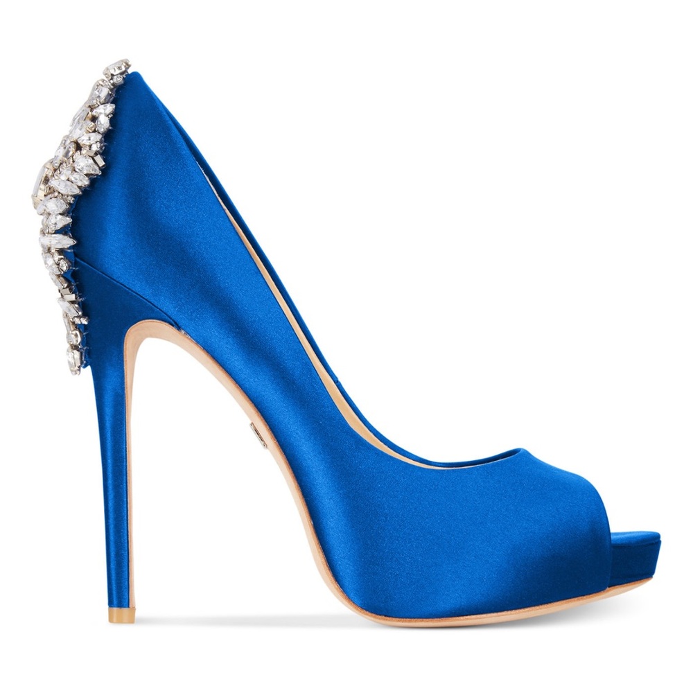 Badgley Mischka - Kiara Embellished Peep-Toe Sapphire Satin Evening Pumps